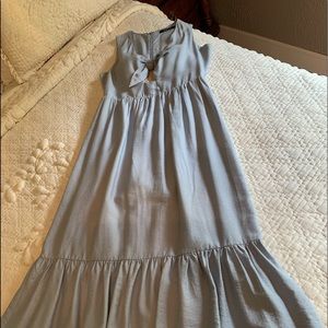 Silver blue silky sleeveless dress with bust cutout and tie;lovely midi length.